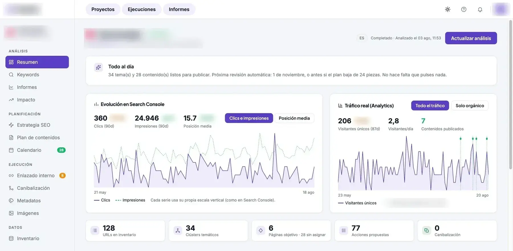 Panell de la nostra plataforma de SEO: evolució a Search Console, trànsit real i accions proposades.