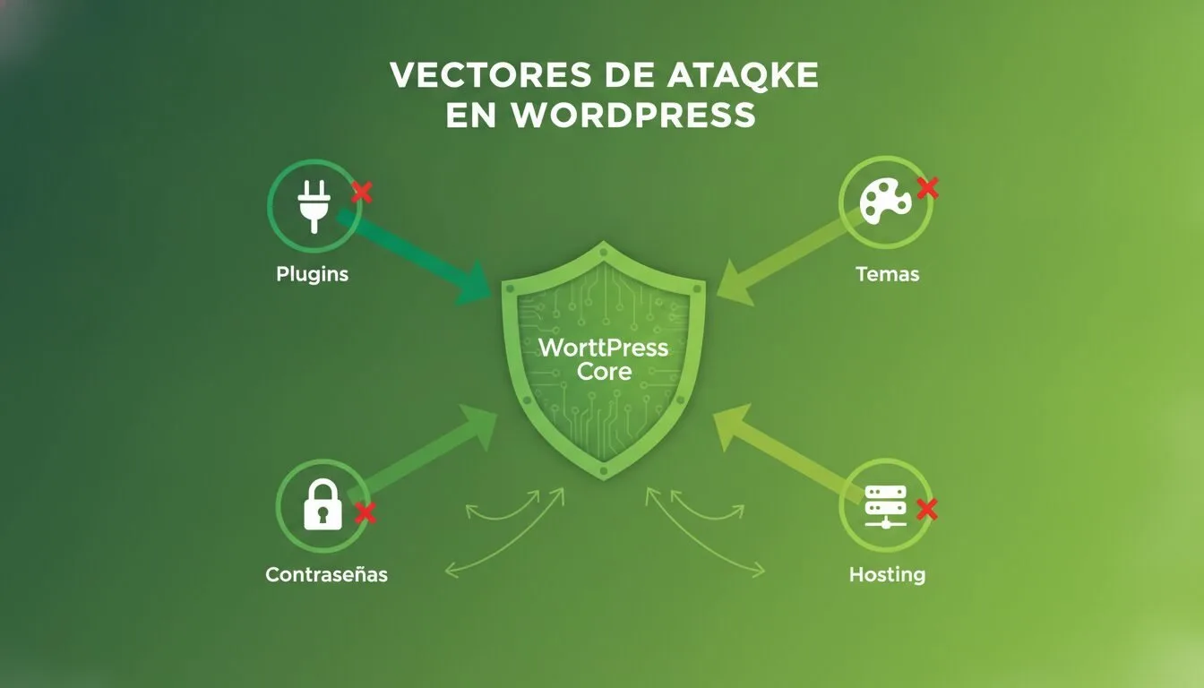 Diagrama de vectores de ataque comunes en WordPress: plugins, temas, contraseñas y hosting.