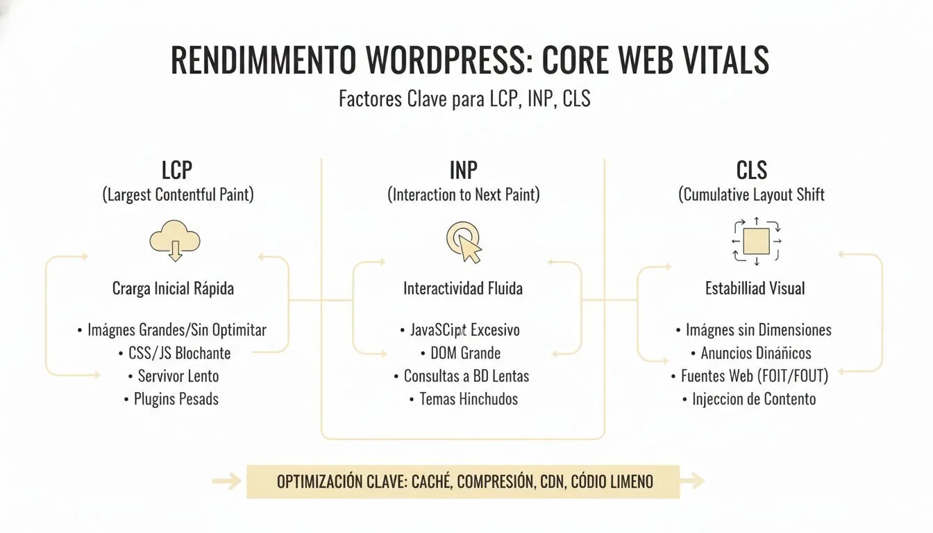 Diagrama factores rendimiento WordPress afectan Core Web Vitals
