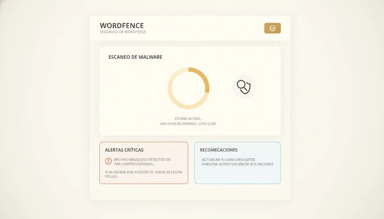 Panel Wordfence mostrando escaneo malware activo en WordPress