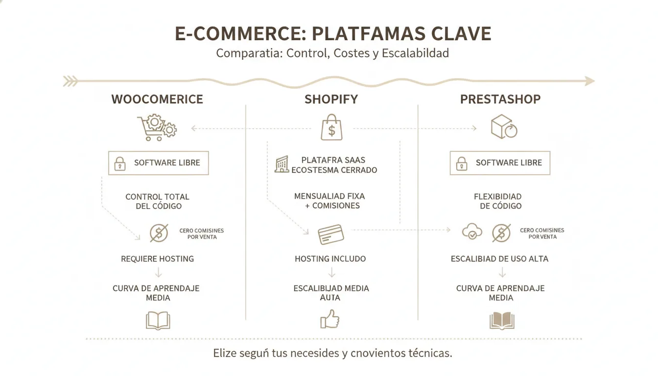 Comparativa visual WooCommerce, Shopify i PrestaShop per a plataformes e-commerce