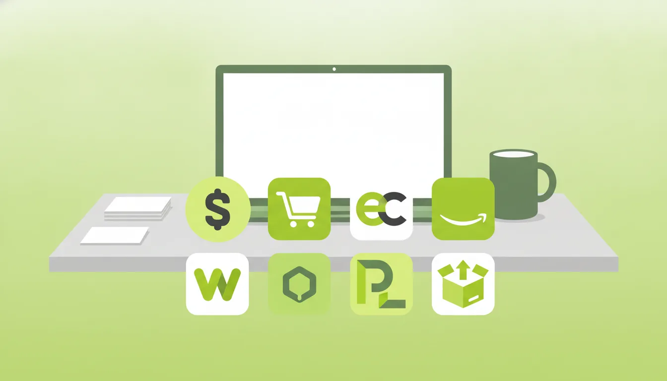 Logos ecommerce sobre mesa de trabajo con portátil