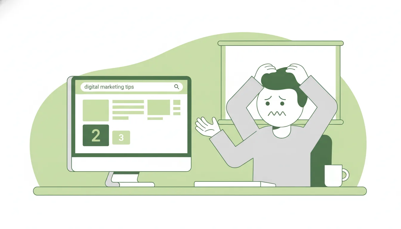 Pantalla de búsqueda en Google mostrando web en segunda página, usuario frustrado