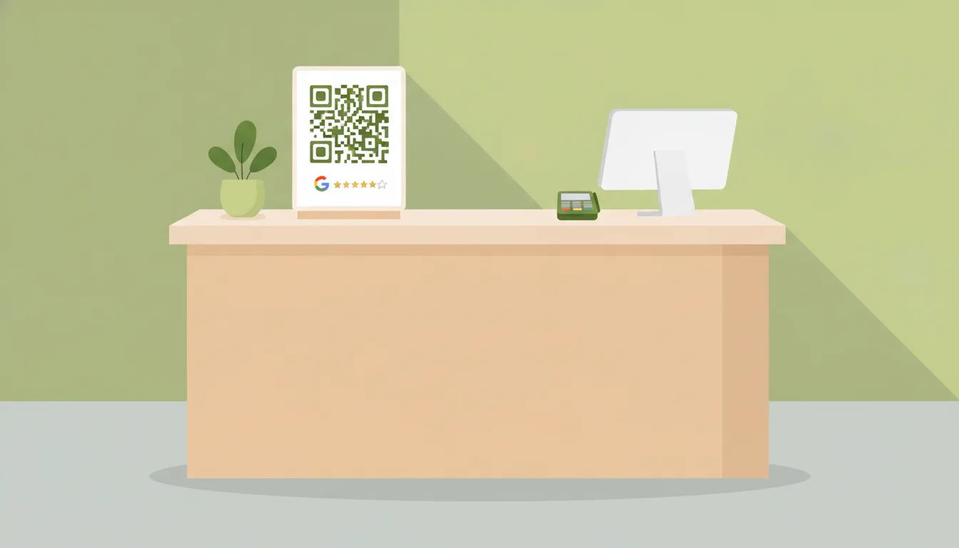 Mostrador tienda local con cartel código QR reseña Google