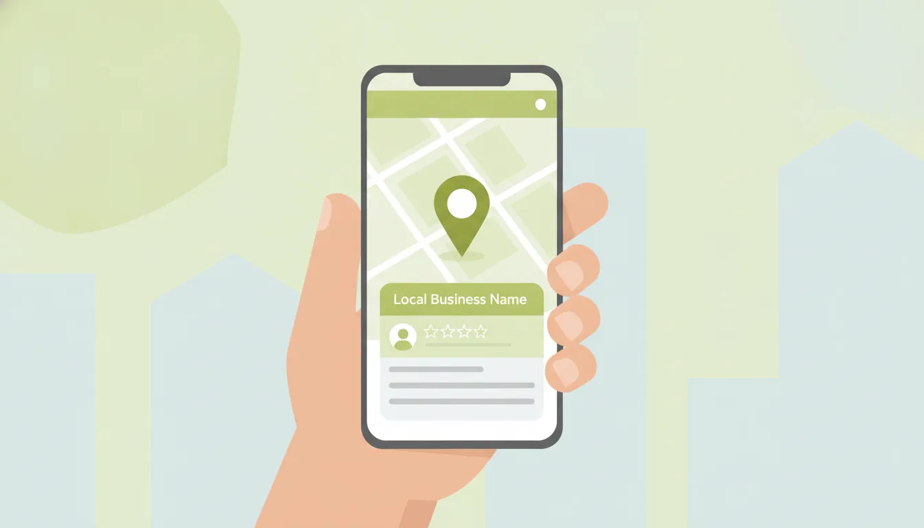 Mano sosteniendo smartphone con Google Maps mostrando reseñas negocio