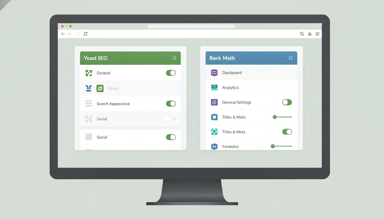 Comparativa de paneles de configuración Yoast SEO versus Rank Math WordPress
