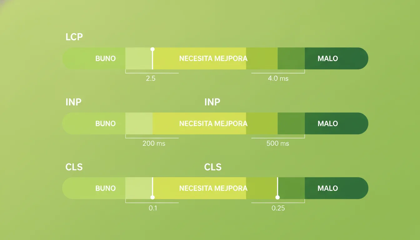 Gráfico comparativo Core Web Vitals umbrales bueno necesita mejora malo