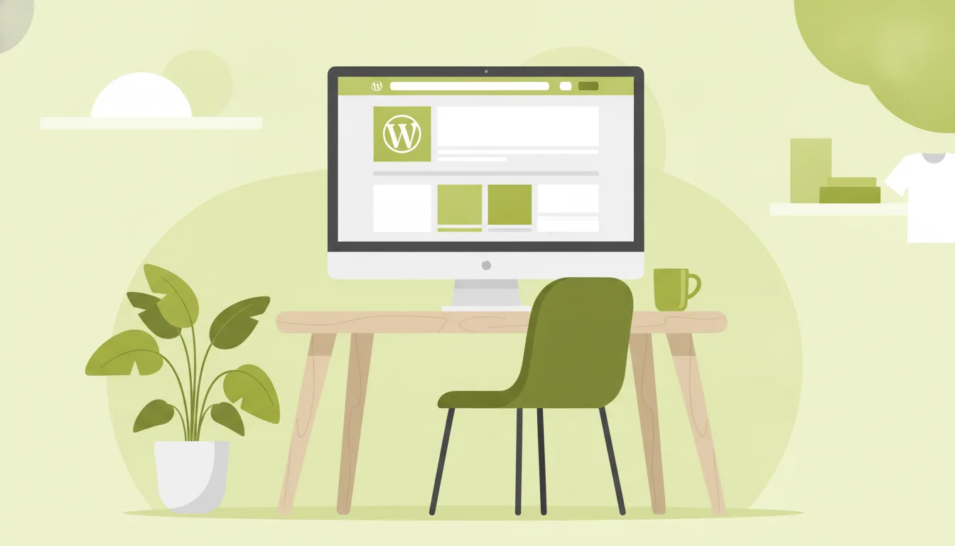 Espacio de trabajo profesional con monitor mostrando sitio WordPress moderno