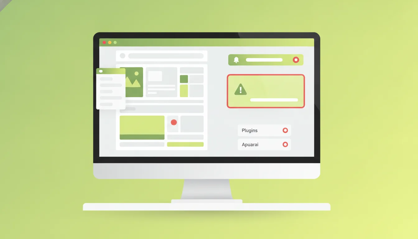 Panel administrativo WordPress con plugins desactualizados y errores visuales