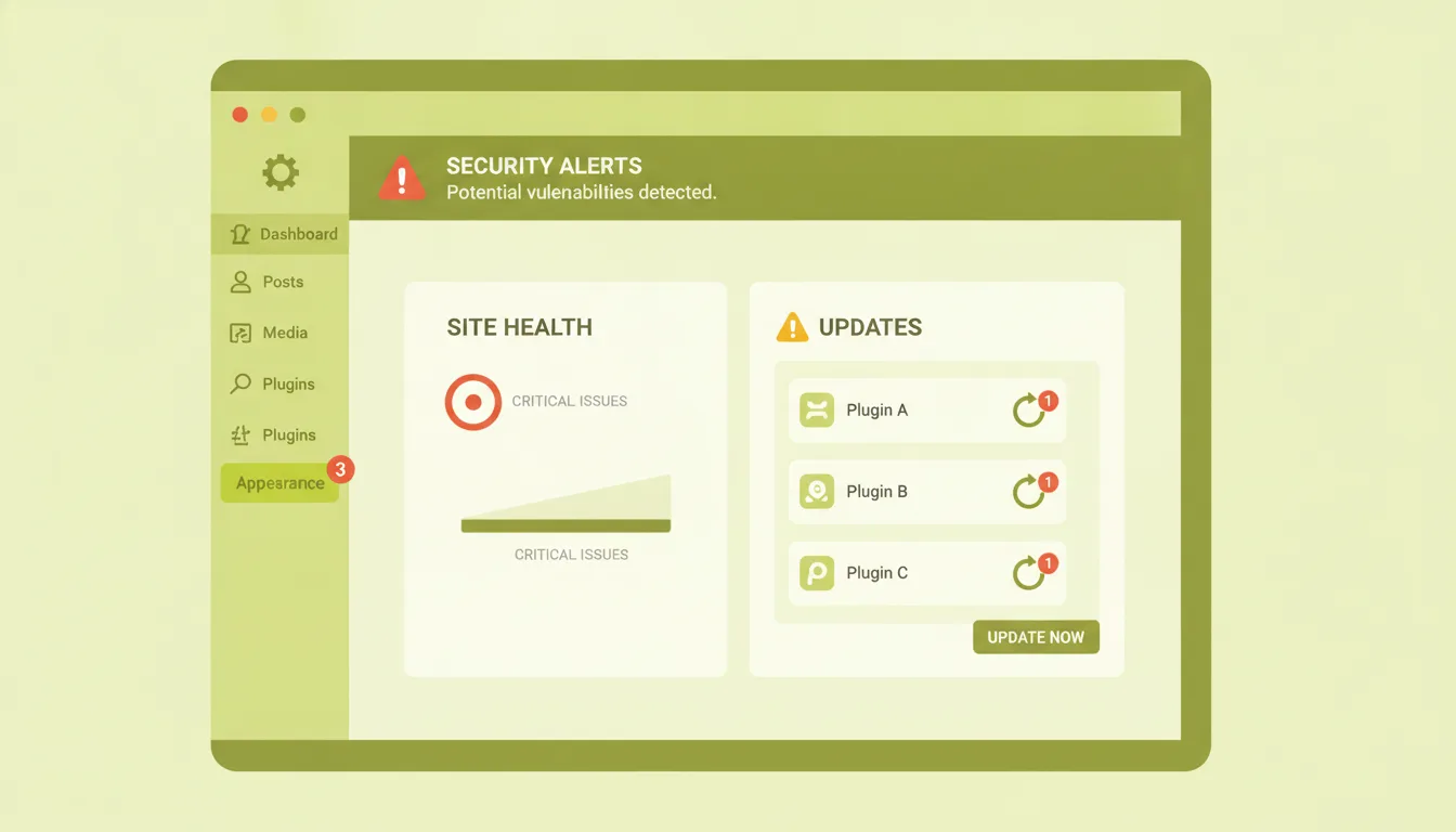 Panel WordPress muestra alertas seguridad activas y actualizaciones plugins pendientes